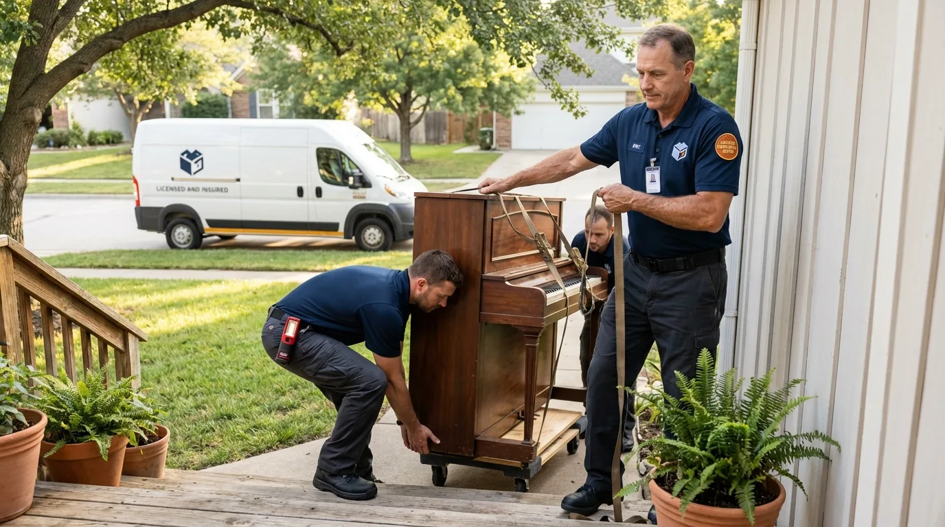Licensed piano movers securing grand piano in Bainbridge, OH