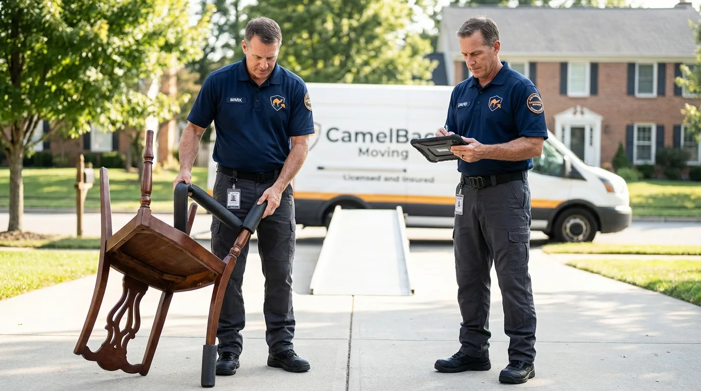Movers inspecting furniture for damage prevention before loading in Bainbridge, OH