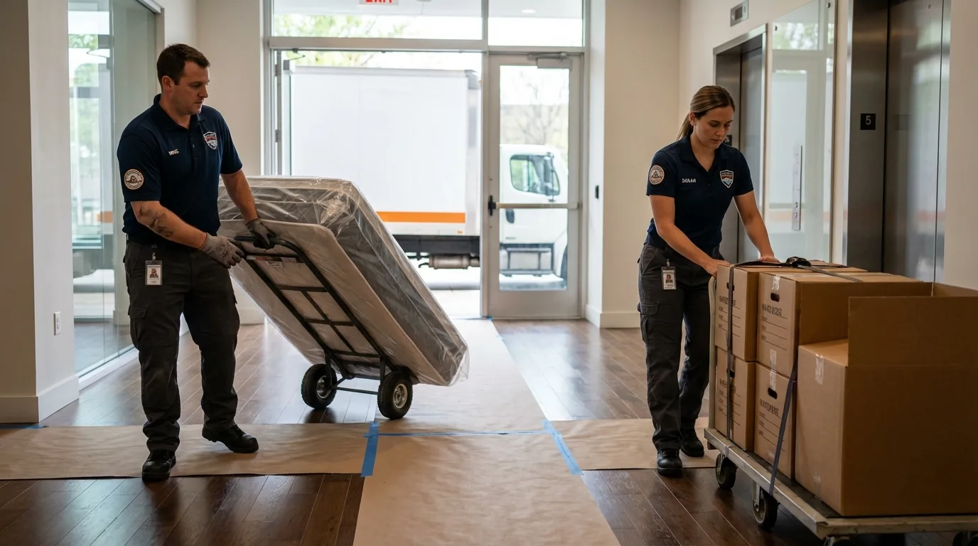 Professional apartment movers loading elevator in Bainbridge, OH